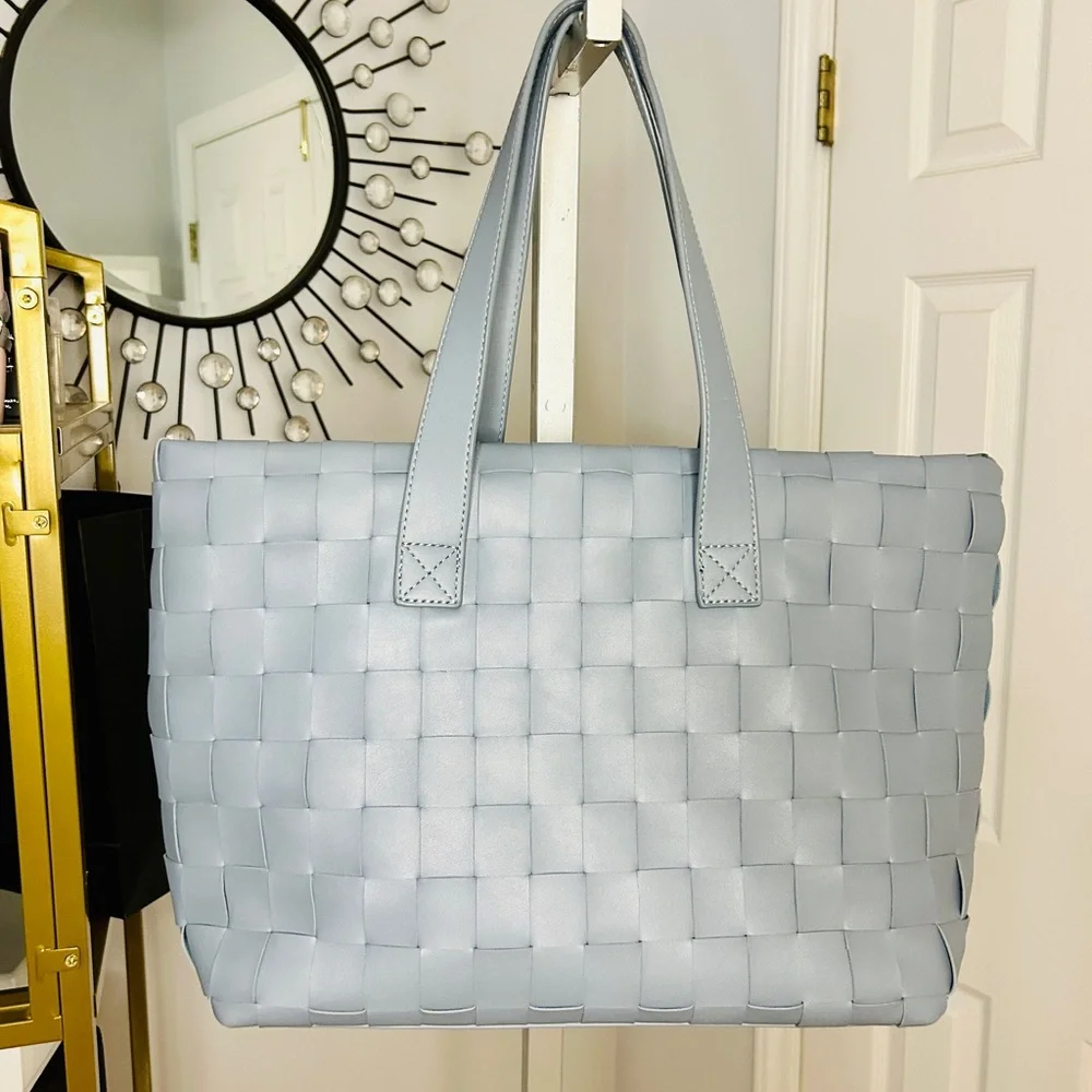 Like New! Blue Woven Vegan Leather Tote Bag Crossbody Work Shoulder Purse